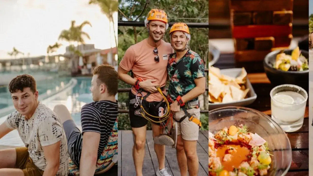 A gay couple enjoys a vacation in Tulum, Mexico, with poolside relaxation, zip-lining adventures, and delicious food.