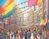 A vibrant street scene filled with people and rainbow flags, celebrating pride. This could be one of the gayest cities in Europe during a festival.