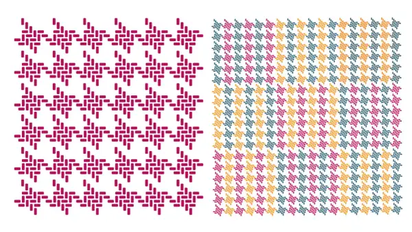 Two patterns: a single color check pattern in magenta on the left, and a multi-color check pattern in magenta, teal, and gold on the right.