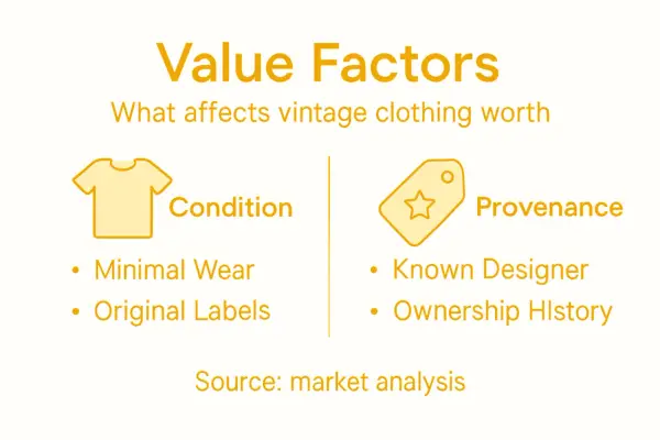 Value factors for vintage clothing: condition (minimal wear, original labels) and provenance (known designer, ownership history).