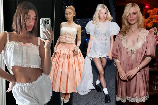 Four women showcase coquette style: Hailey Bieber in white lingerie, Ariana Grande in a peach ballgown, Rosé in a sheer white dress, and Elle Fanning in a pink satin robe.