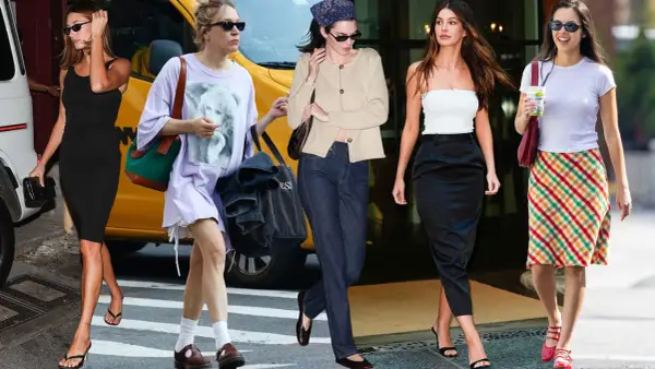 Five women showcase 90s minimalism fashion: a black dress, oversized tee, cardigan with jeans, tube top with a pencil skirt, and a plaid skirt with a white tee.