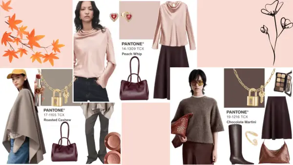 A mood board showcasing a soft autumn color palette with models, clothing, accessories, and Pantone color swatches like Peach Whip and Chocolate Martini.