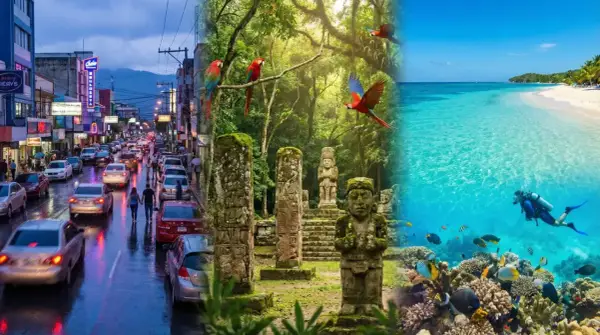 A vibrant collage showcasing the diverse beauty of gay Honduras: a bustling city street, ancient Mayan ruins with macaws, and a diver exploring a colorful coral reef.