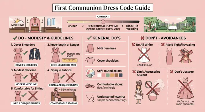 Dress code guide for a female guest at a first communion: cover shoulders, knee-length or longer, modest neckline, opaque fabrics, midi hemlines, muted colors, comfortable shoes, simple jewelry.