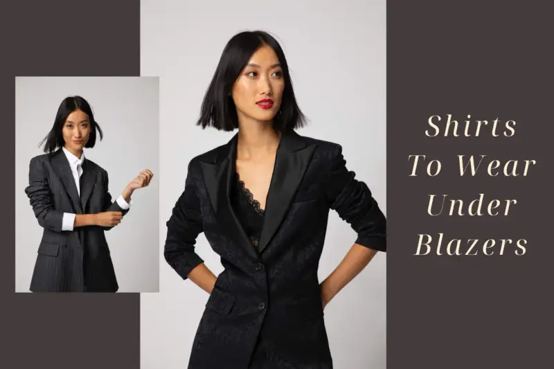 A woman models different shirts to wear under a blazer, showcasing a classic white button-down and a lace camisole.